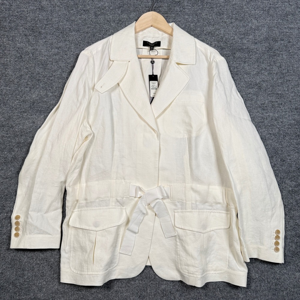 New Talbots Size 16W Blazer Jacket Cream Linen Drawstring Single Breasted Career